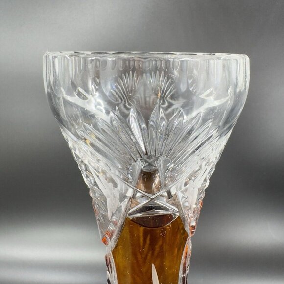 Vintage Czech Bohemian Glass Crystal Vase Vessel Amber Etching Floral Decor Vase - Picture 13 of 16